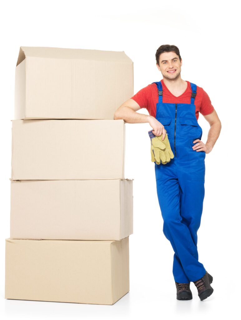 handsome young delivery man with paper boxes