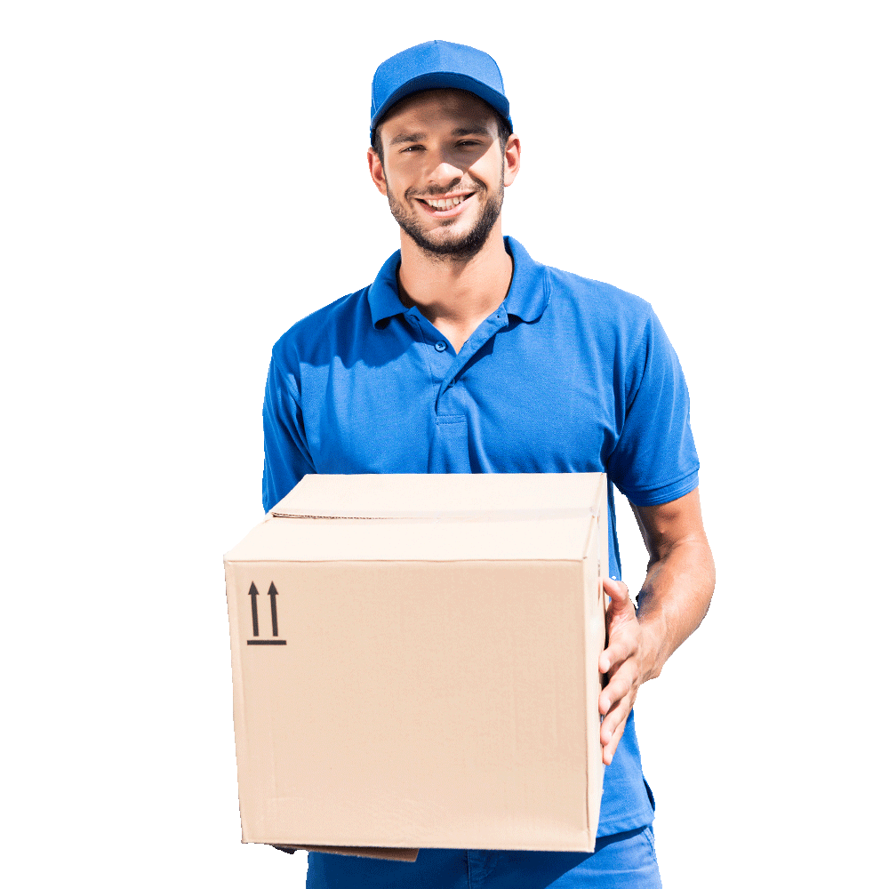 smiling delivery man with box next to car